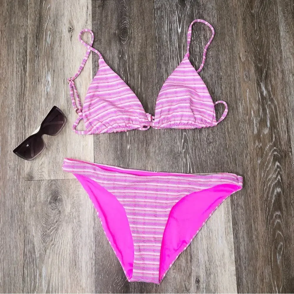 L*Space Bikini Brittany Top Camancho Bottom Electric Pink Pique Stripe XL NWT
